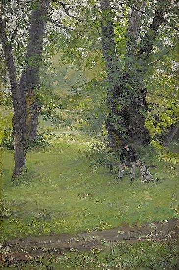 Gerda Roosval-Kallstenius Park with sitting man and dog Spain oil painting art